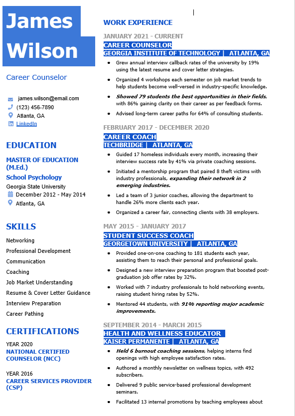 career counselor resume