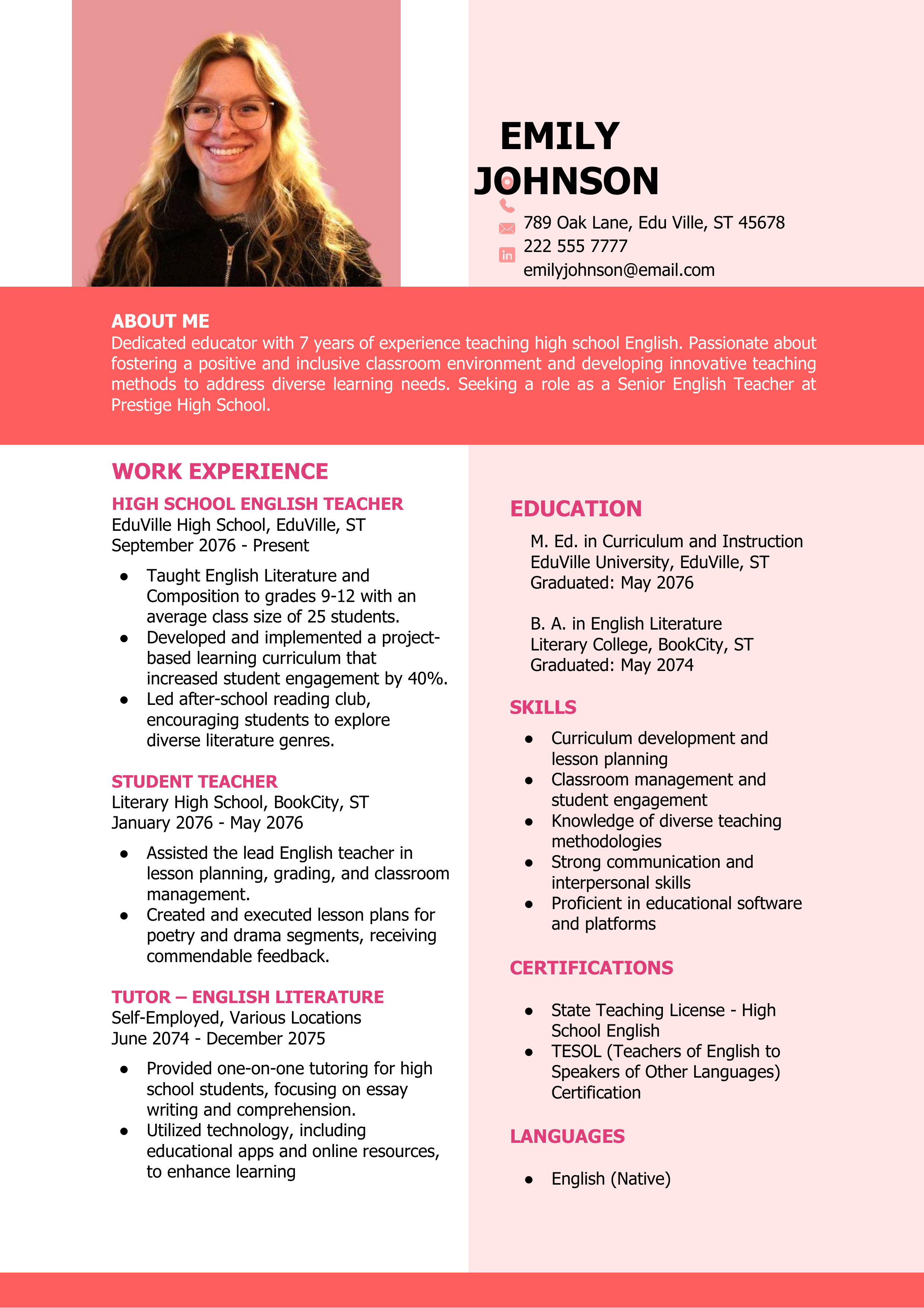 A professional teaching resume