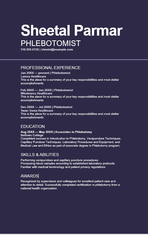 Compassionate and detail-oriented phlebotomist resume