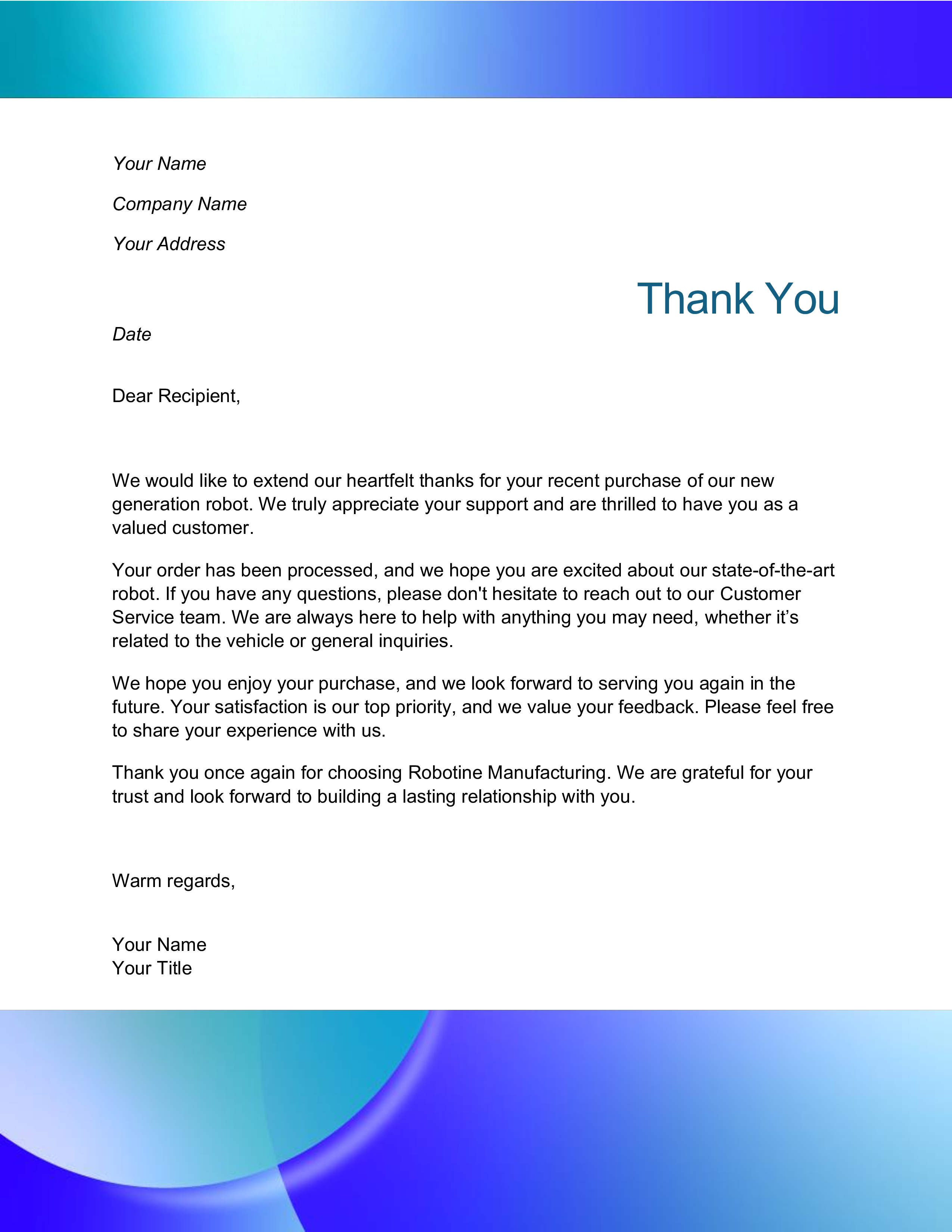 A professional customer thank-you letter