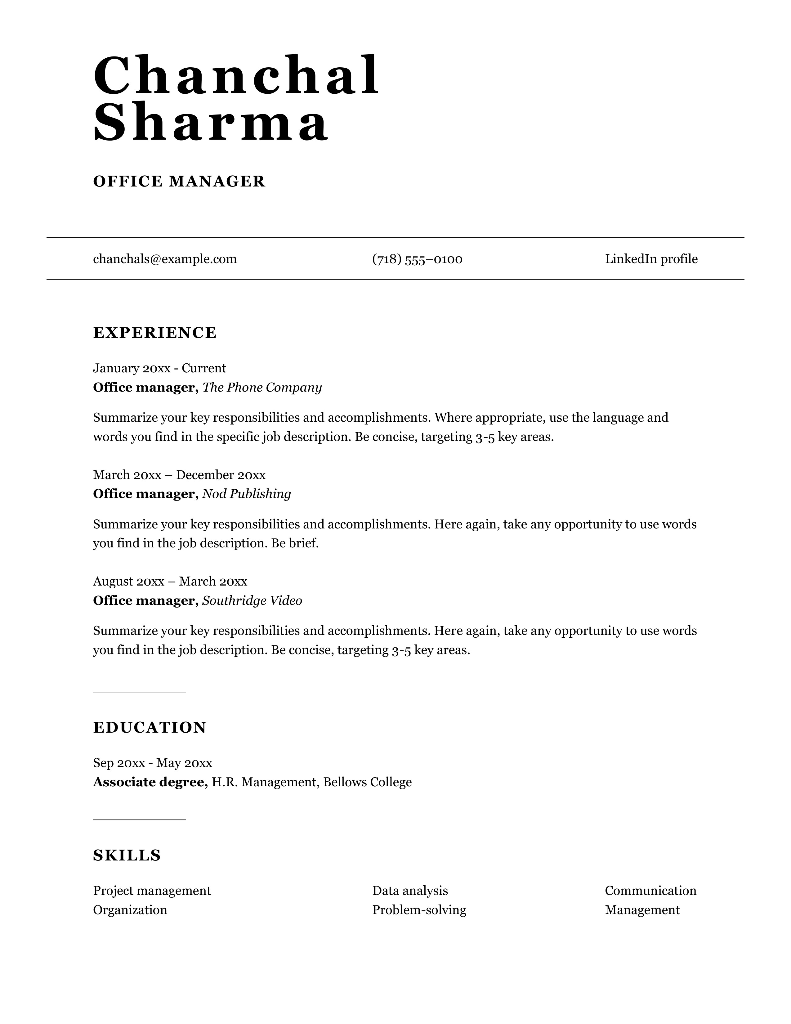 A professional resume for Office Manager