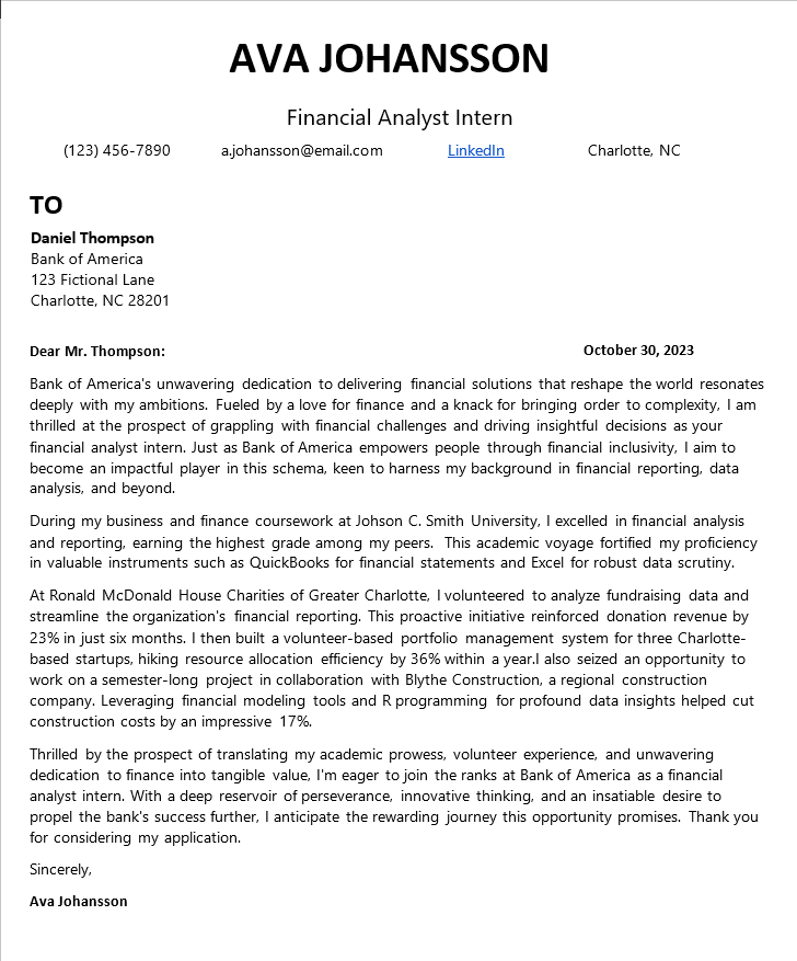 Motivated and analytical finance student cover letter