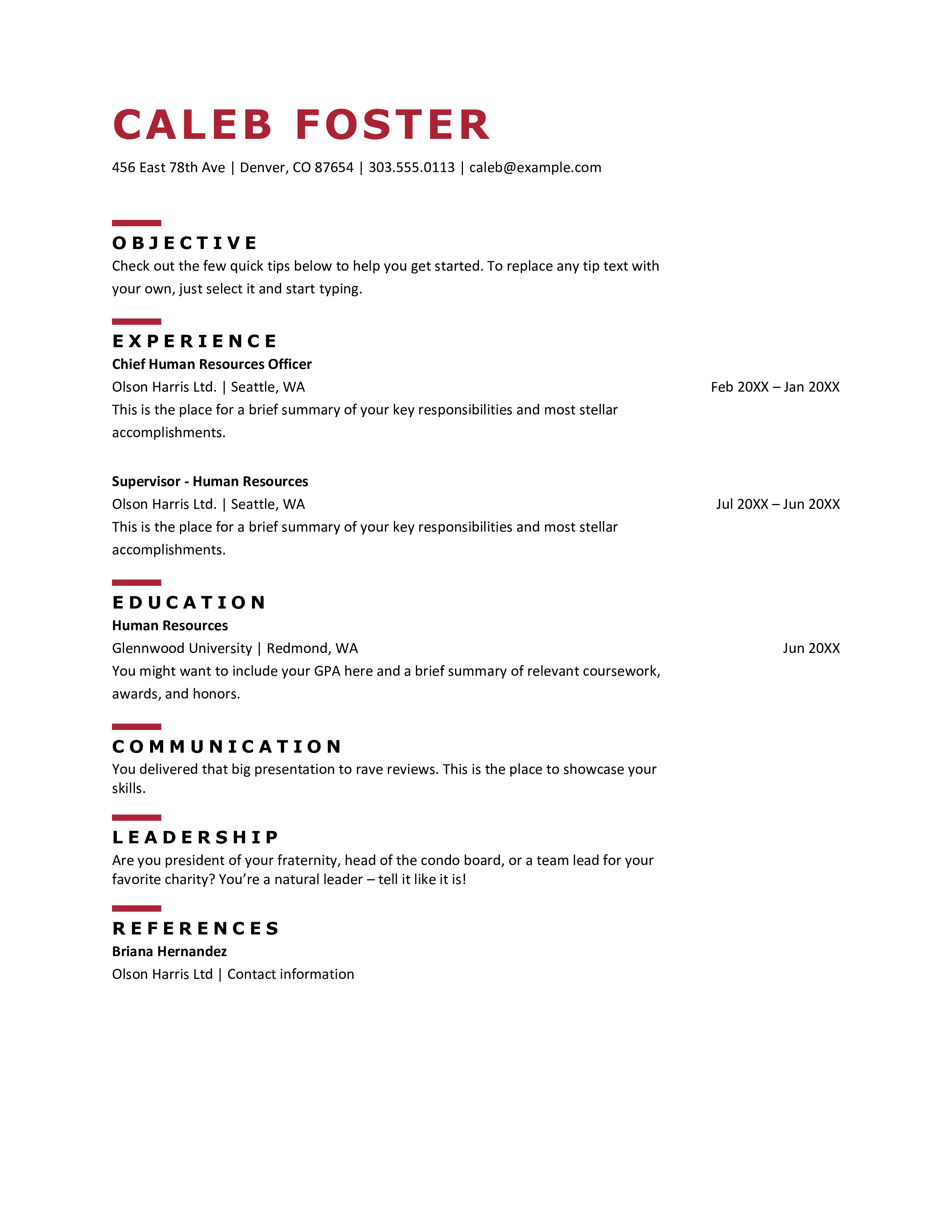 A professional Human Resources resume for Caleb Foster