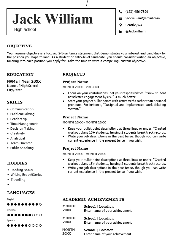 Motivated and responsible high school student resume