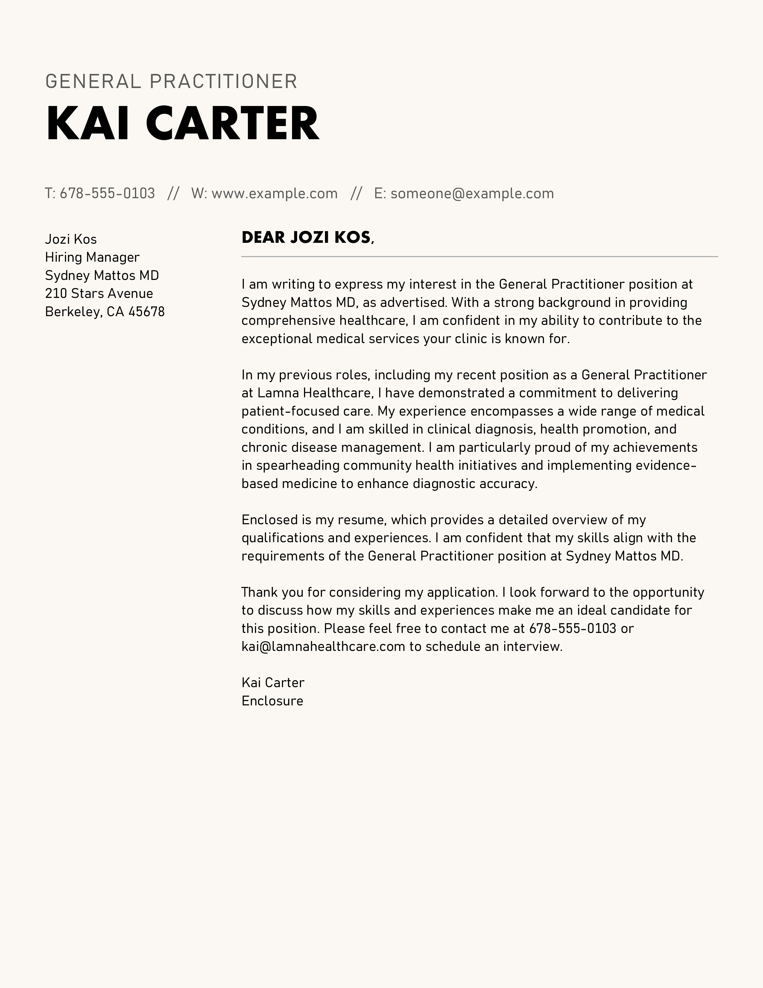 A professional cover letter for a General Practitioner position