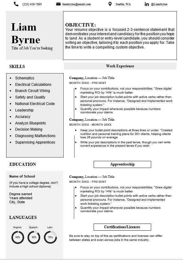 Skilled trades professional resume