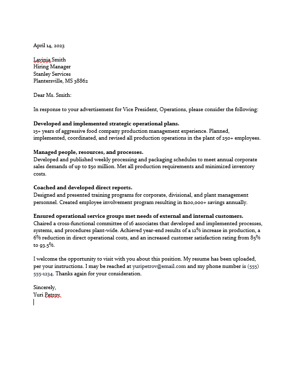 A results-focused, bullet-point style cover letter