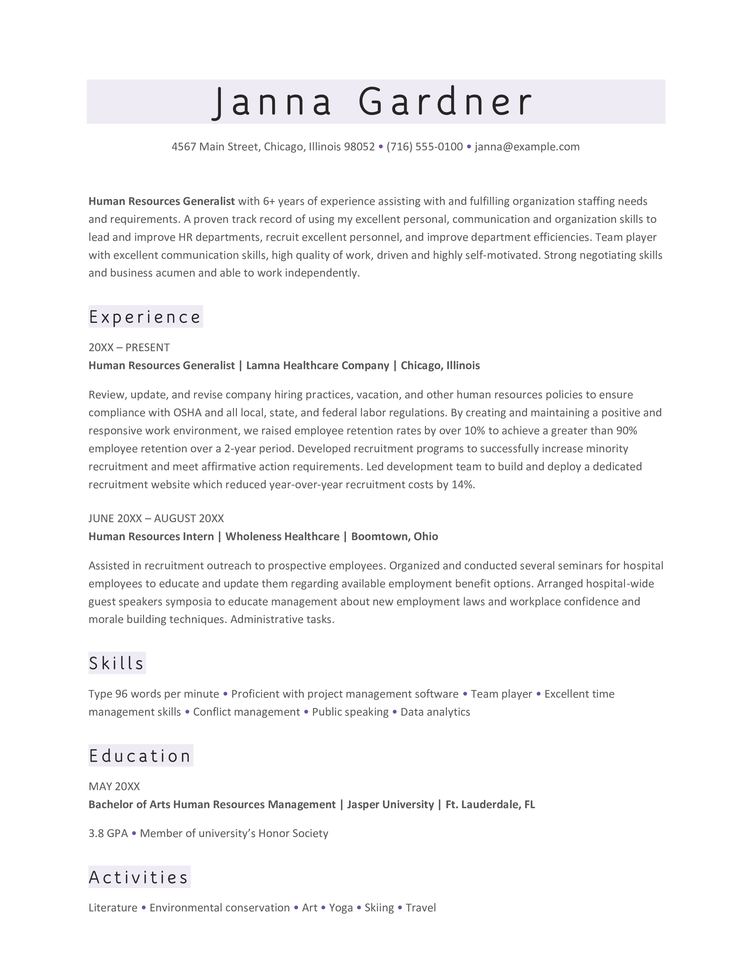 A professional resume for a Human Resources Generalist