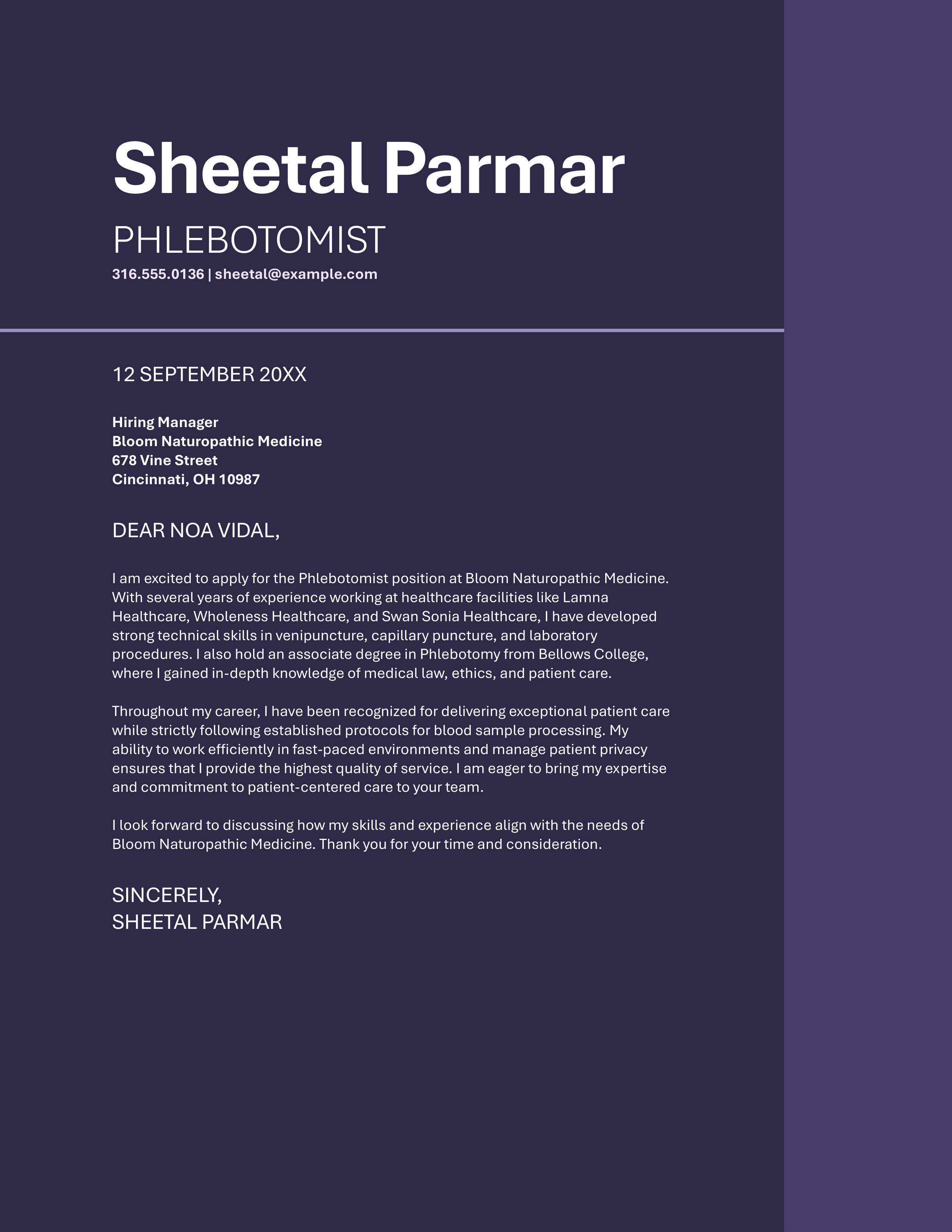 cover letter for a Phlebotomist position