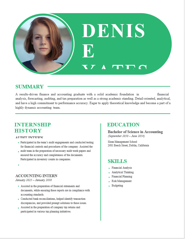 A professional Finance and Accounting resume