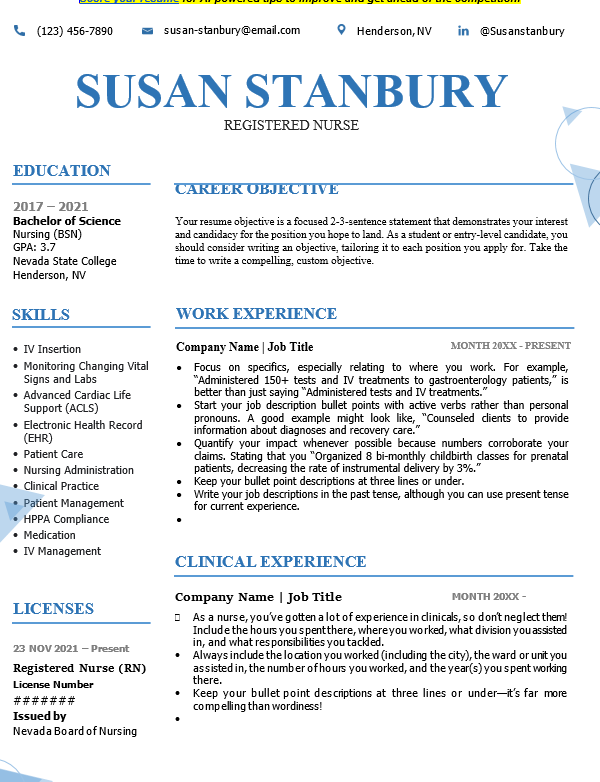 Compassionate and dedicated Registered Nurse resume