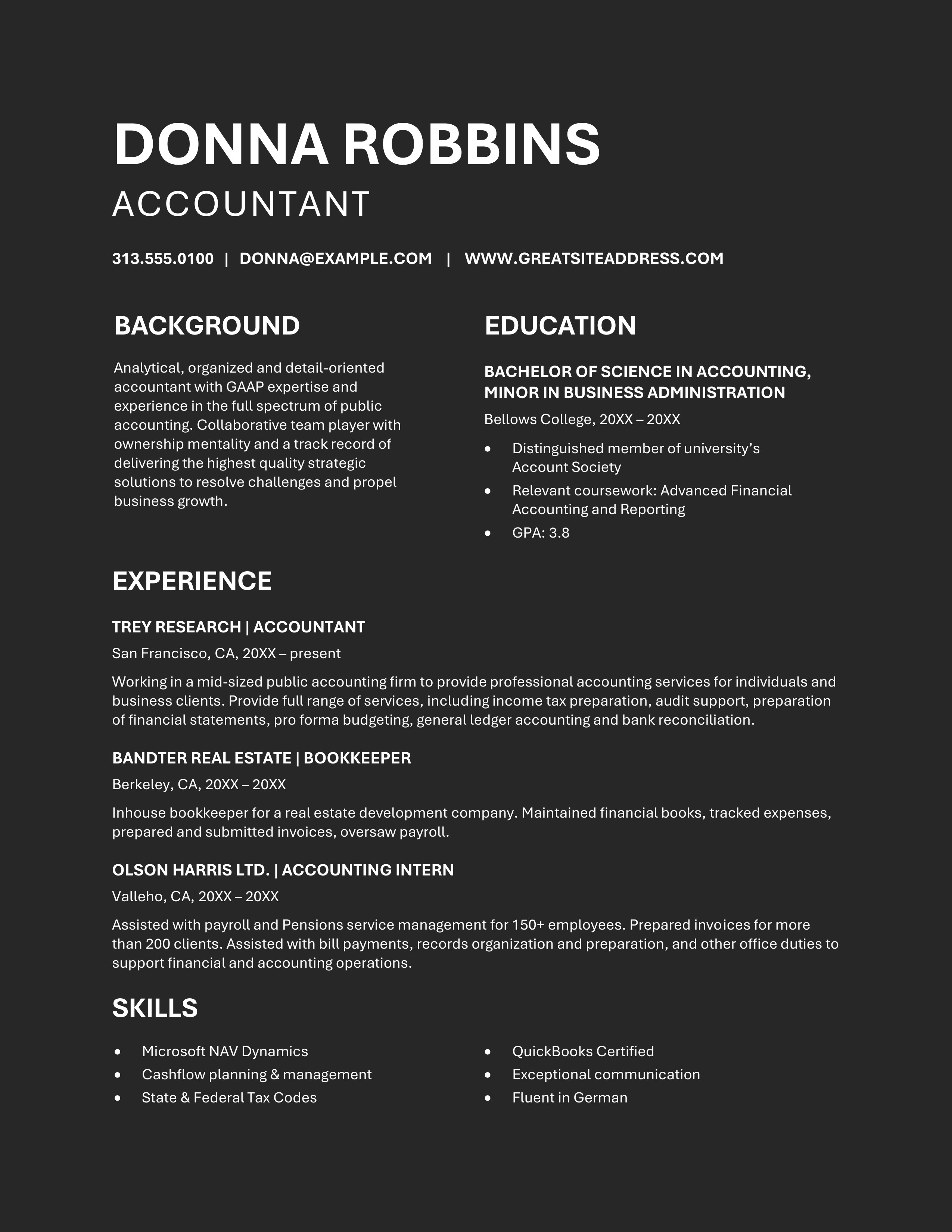 A professional resume for an Accountant