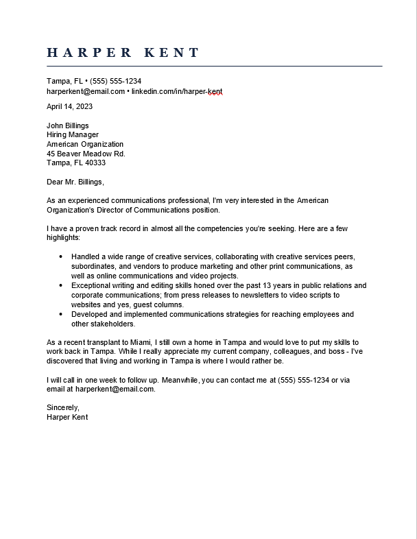 A professional cover letter