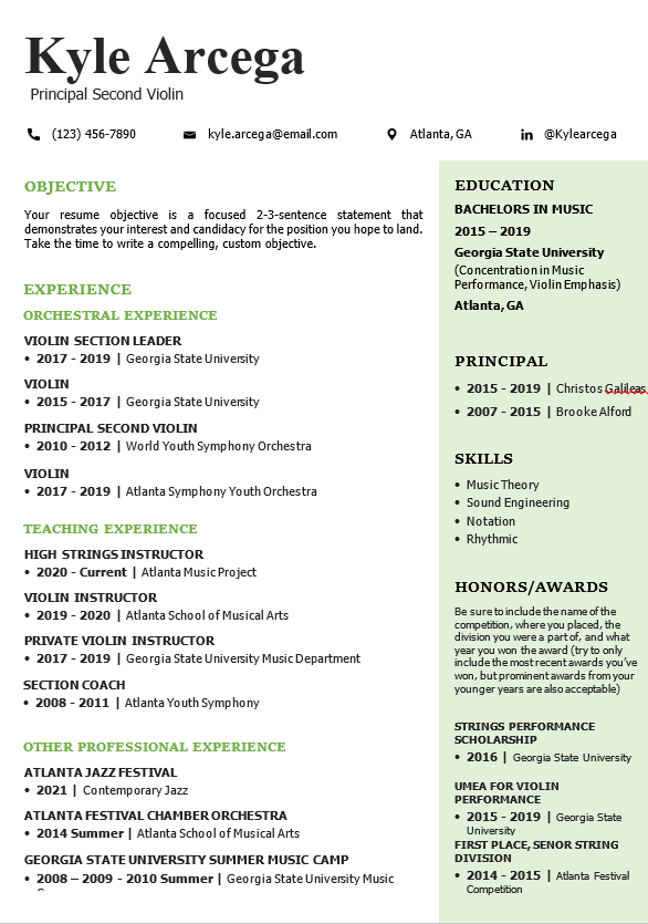 Accomplished Principal Second Violinist resume