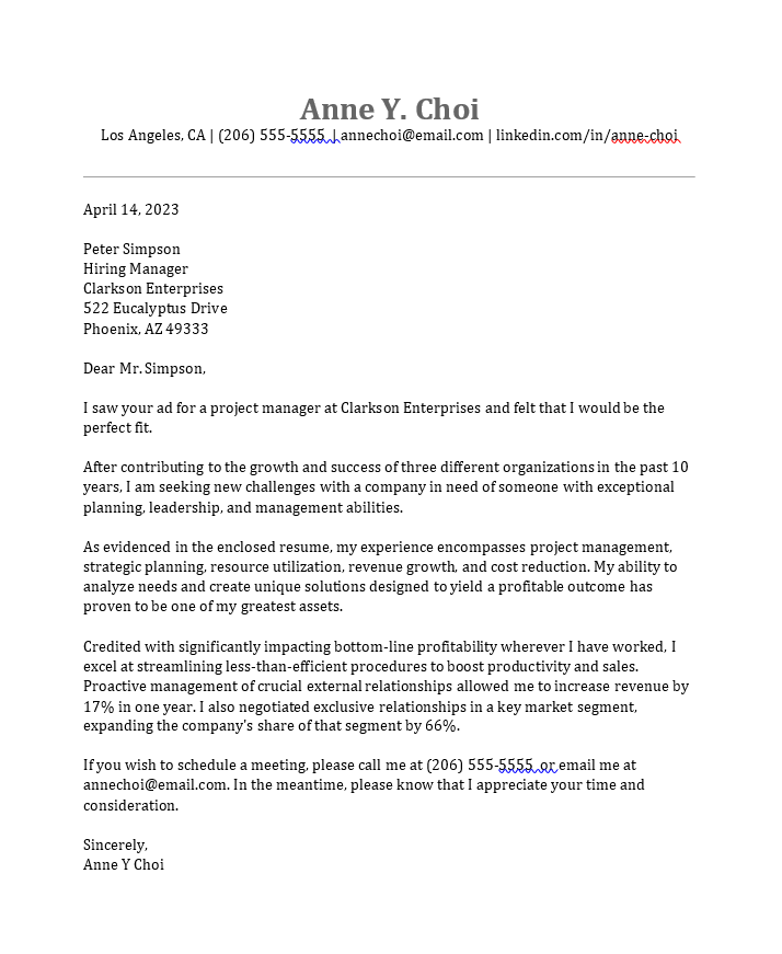 Cover letter for a project management
