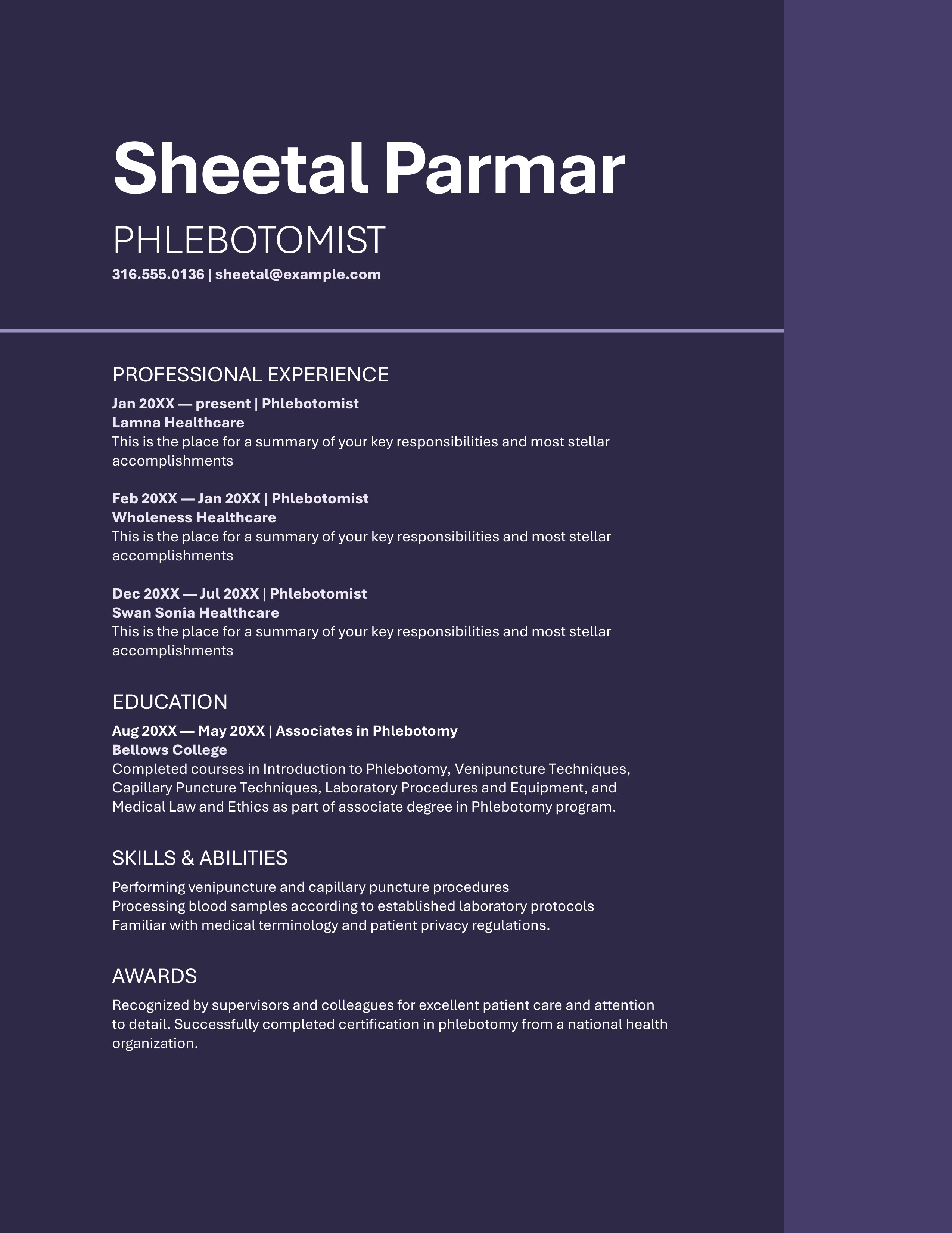 A professional Phlebotomist resume