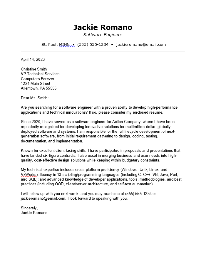 Highly targeted and technically specific cover letter