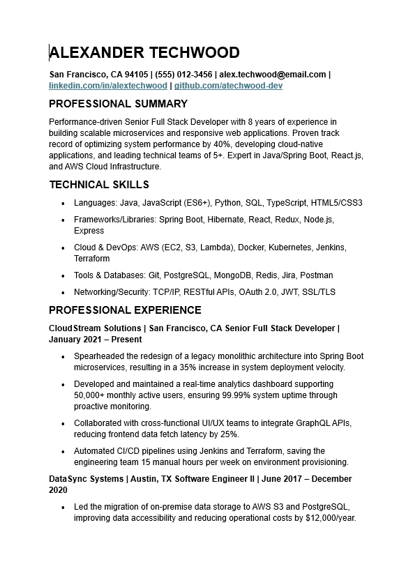 Full Stack Developer resume