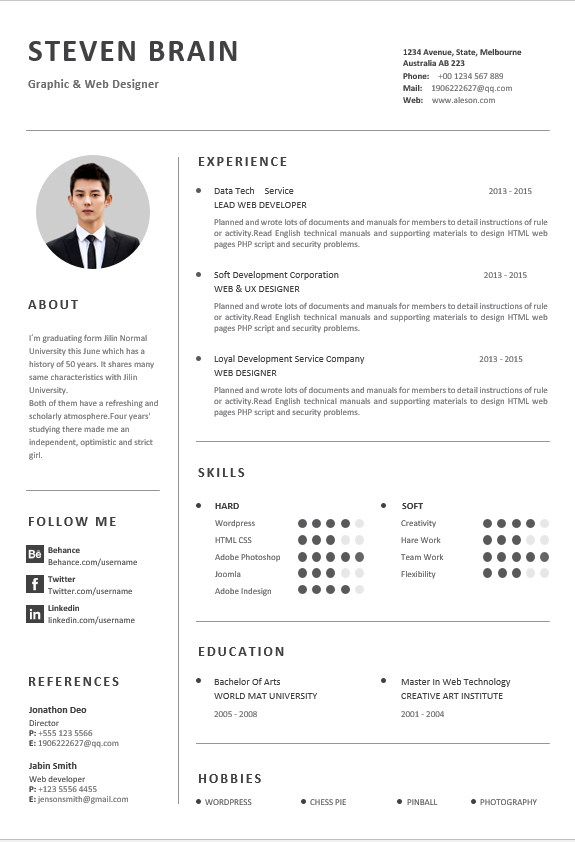 A professional resume for a Web Developer and UI/UX Designer