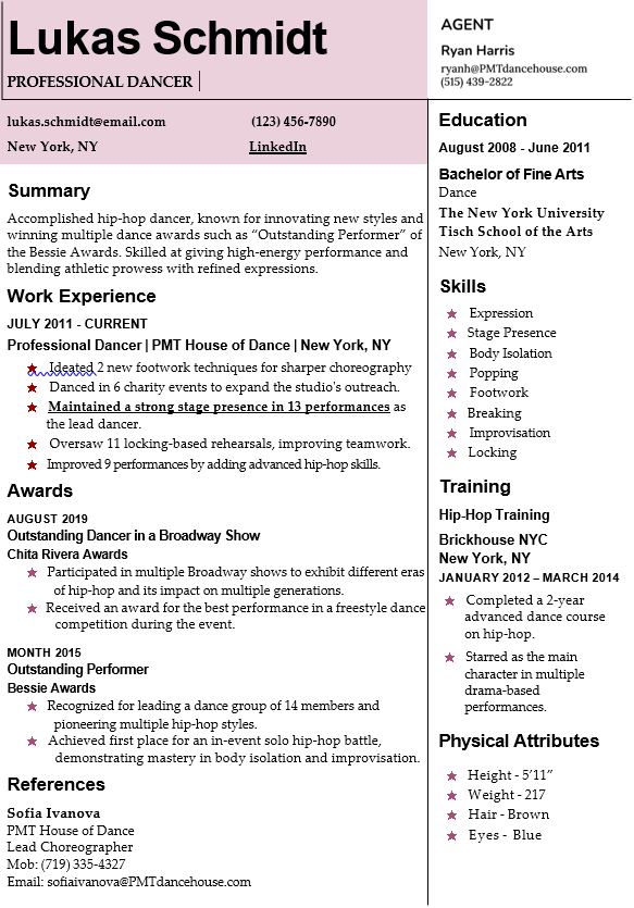 professional dancer resume
