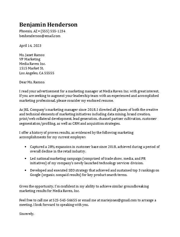 An achievement-driven cover letter for a marketing manager position