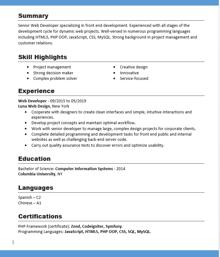 A professional Web Developer resume