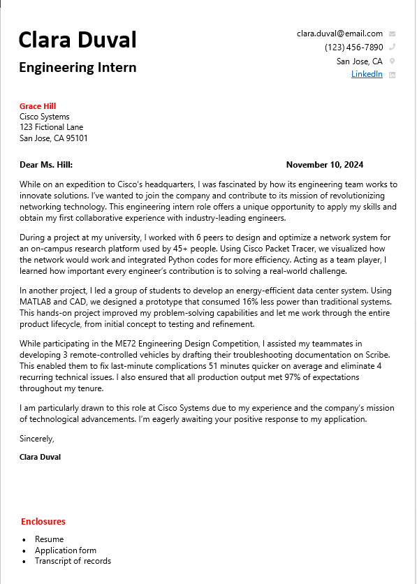 Motivated and detail-oriented engineering student internship cover letter