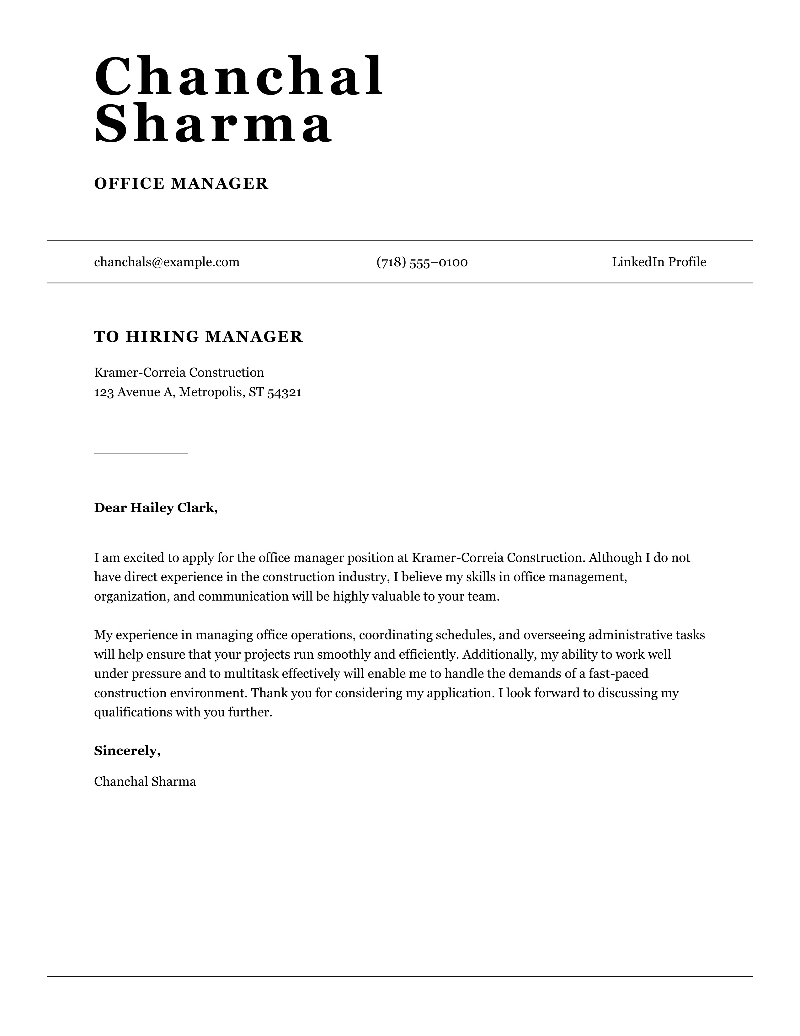 Cover letter for an Office Manager position